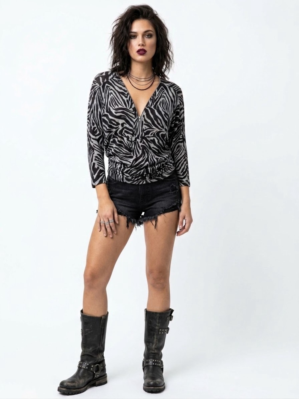 Y2K - Tres Bien Black & Gray Zebra Print Dolman Sleeve Top